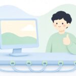 モニター周りのケーブルをクリップで整理したデスクをイメージしたイラスト