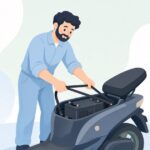 バイクのバッテリーをラバーバンドで固定する様子をイメージしたイラスト