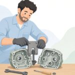 バイクのクランクケースをセパレーターで分割する様子をイメージしたイラスト
