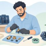 バイクのフューエルコックをリペアキットで修理する様子をイメージしたイラスト