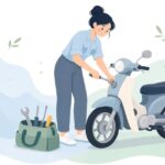 出張整備でラチェットハンドルを使いバイクを整備する様子をイメージしたイラスト