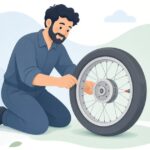 バイクのタイヤバルブを引き出しワイヤーで装着する様子をイメージしたイラスト