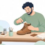 登山靴のシューレースフックを補修する様子をイメージしたイラスト