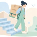 背負子で荷物を階段から運び出す様子をイメージしたイラスト