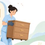 滑り止め作業手袋をはめて家具を運び出す引越し作業の様子をイメージしたイラスト