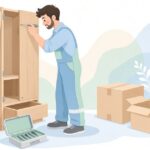 引越し作業で家具をビットで解体する様子をイメージしたイラスト