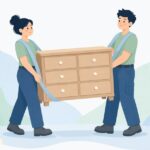 家具移動ベルトで家財を運ぶ引越し作業員の様子をイメージしたイラスト