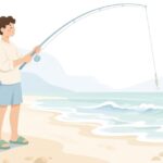 砂浜から投げ釣りでキスを狙う様子をイメージしたイラスト