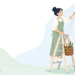 脚立に取り付けた工具ホルダーを使って内装作業をする様子をイメージしたイラスト