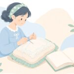 本を参考にニードルレースを作る様子をイメージしたイラスト