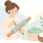 かせ取り棒で毛糸をかせにまとめる様子をイメージしたイラスト