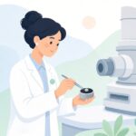 電子顕微鏡用の試料をカーボンテープで固定する様子をイメージしたイラスト