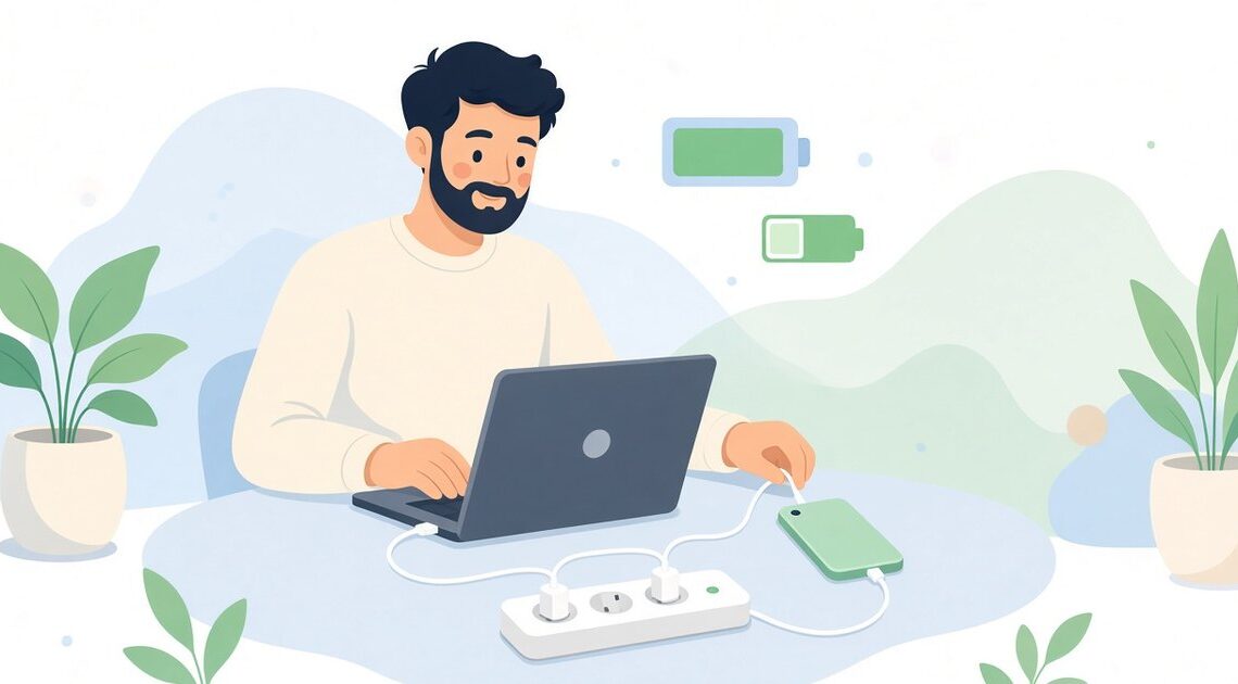 ノートPCとスマホを同時充電し、残量を見る方法