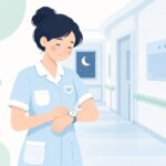 看護師が夜勤の巡回で時計を確認する様子をイメージしたイラスト