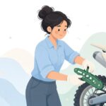 オフロードバイクにチェーンガイドブロックを取り付ける様子をイメージしたイラスト