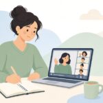 会議録画から議事メモを作る様子をイメージしたイラスト