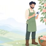 果樹園でデジタル糖度計を使って果実の糖度を測る様子をイメージしたイラスト
