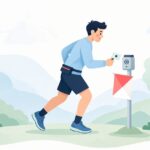 電子チェックカードを使うオリエンテーリング競技者の様子をイメージしたイラスト