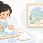 布と綿を使って押絵を作り飾る様子をイメージしたイラスト