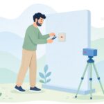 レーザーターゲット板でブースの水平を出す施工スタッフの様子をイメージしたイラスト