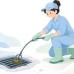 ピックアップツールで屋外排水口の異物を回収する作業員の様子をイメージしたイラスト