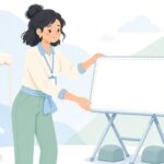 看板スタンドを屋外イベント会場に設置するスタッフの様子をイメージしたイラスト