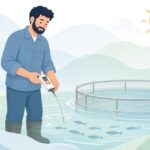 屋外いけすでハンディ塩分計を使って水質を測る様子をイメージしたイラスト