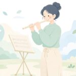 野外で折りたたみ譜面台を使って演奏する様子をイメージしたイラスト