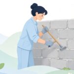 目地さらいで屋外壁の目地を整える補修職人の様子をイメージしたイラスト