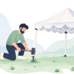 テント設営でペグハンマーを使って杭を打ち込む様子をイメージしたイラスト