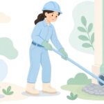 通線ロッドで屋外の配管に配線を通す様子をイメージしたイラスト