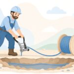 ケーブルプーラーで屋外にケーブルを敷設する様子をイメージしたイラスト