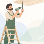 スクリューホルダーで天井に上向きにビスを留める大工作業をイメージしたイラスト