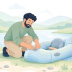 パックラフトにTPUパッチを貼る様子をイメージしたイラスト