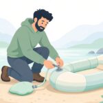 パックラフトにバルブアダプターで空気を入れる様子をイメージしたイラスト