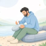 パックラフトを接着剤で補修する様子をイメージしたイラスト
