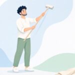 ポールサンダーで高い壁を研磨する様子をイメージしたイラスト