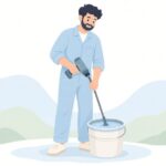 ペイントミキサーで塗料を攪拌する塗装職人の様子をイメージしたイラスト