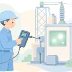 変電設備を専用カメラで点検する様子をイメージしたイラスト