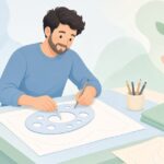 カーブ定規で型紙の曲線を修正するパタンナーの様子をイメージしたイラスト