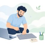 マグネットマットに精密ネジを整理するパソコン修理技術者の様子をイメージしたイラスト