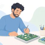 基板のフラックスを洗浄剤で落とす様子をイメージしたイラスト
