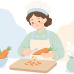 ピーラーで野菜の皮をむく様子をイメージしたイラスト