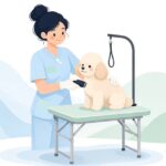 コードレスバリカンで犬をトリミングするトリマーの様子をイメージしたイラスト