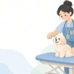 撥水エプロンを着てトリミングするペットトリマーをイメージしたイラスト