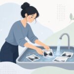 写真のプリントを水洗する様子をイメージしたイラスト
