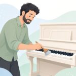鍵盤ブラシでピアノの鍵盤を掃除する調律師の様子をイメージしたイラスト
