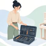 ピアノの横で仕切り付き工具ケースを開く調律師をイメージしたイラスト
