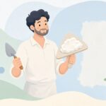 コテ台に材料を乗せて壁を塗る左官職人をイメージしたイラスト