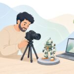 深度合成でプラモデルを撮影する様子をイメージしたイラスト